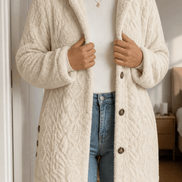 Women's Cable-Knit Hooded Longline Winter Coat with Button Hems