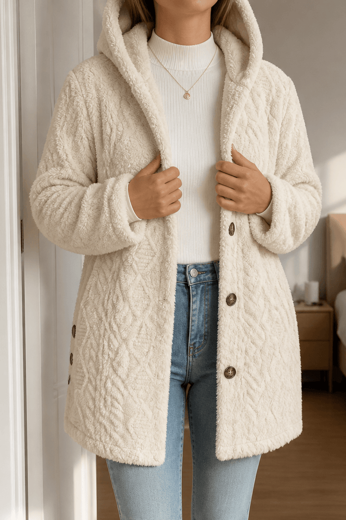 Women's Cable-Knit Hooded Longline Winter Coat with Button Hems