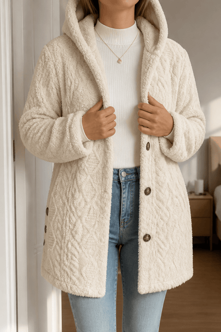 Women's Cable-Knit Hooded Longline Winter Coat with Button Hems