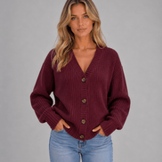 Women's Chunky Ribbed Knitted Cardigan with V-Neck and Button Front