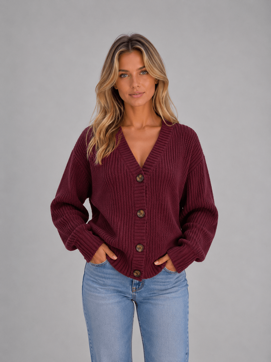 Women's Chunky Ribbed Knitted Cardigan with V-Neck and Button Front