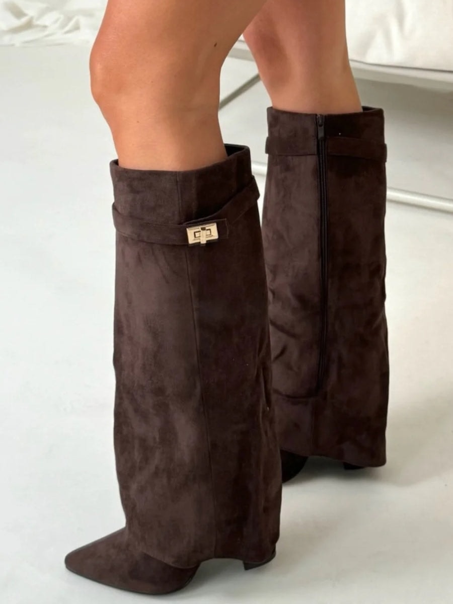 Fold-Over Pointed Toe Knee-High Suede Boots with Structured Fit for Women