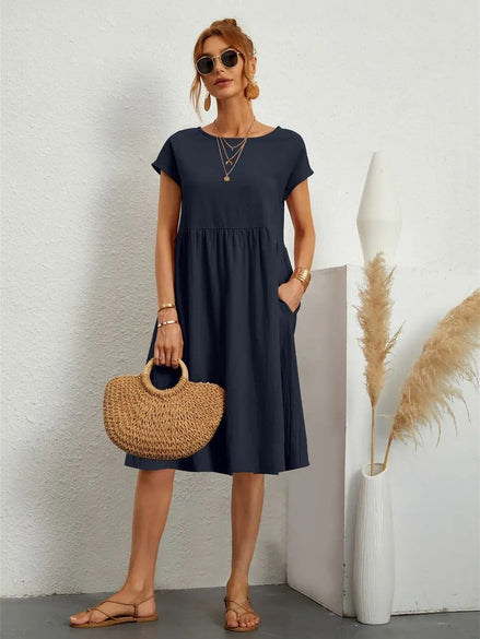 Casual Cotton Midi Shift Christmas Party Dress with Pockets for Autumn Wear
