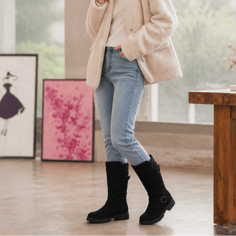 Women's Ribbed Cuff Lug Sole Slouch Boots with Buckle Detail