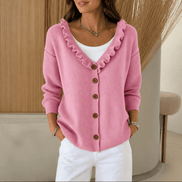 Women's Ruffle Collar Wool-Blend Knitted Cardigan with Button Front
