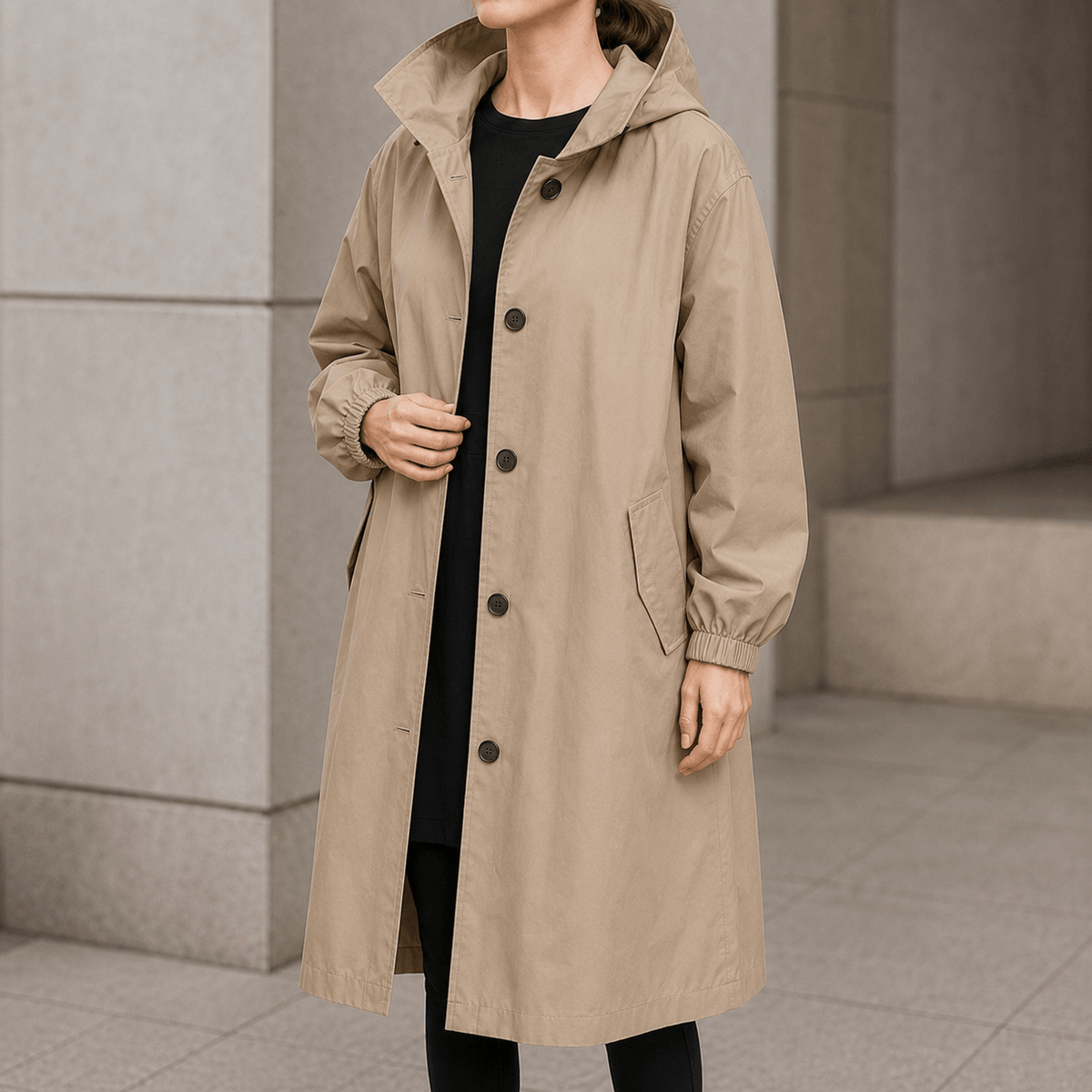 Women's Hooded Midi Coat with Drawstring Waist