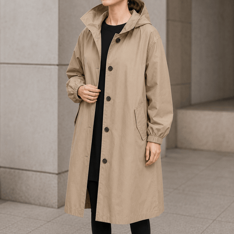 Women's Hooded Midi Coat with Drawstring Waist