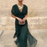 Arabella Off Shoulder Mesh Christmas Party Dress with Flowing Midi Skirt