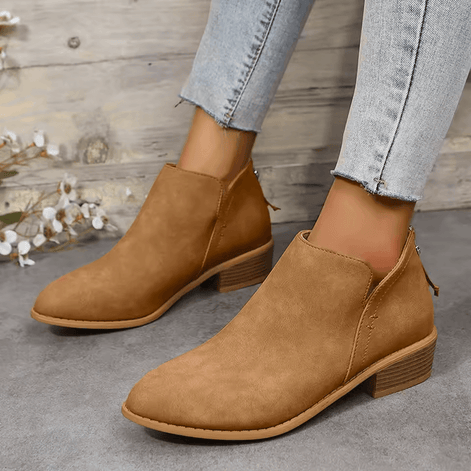 Ankle Low Heel Slip On Womens Boots with Back Zip Detail
