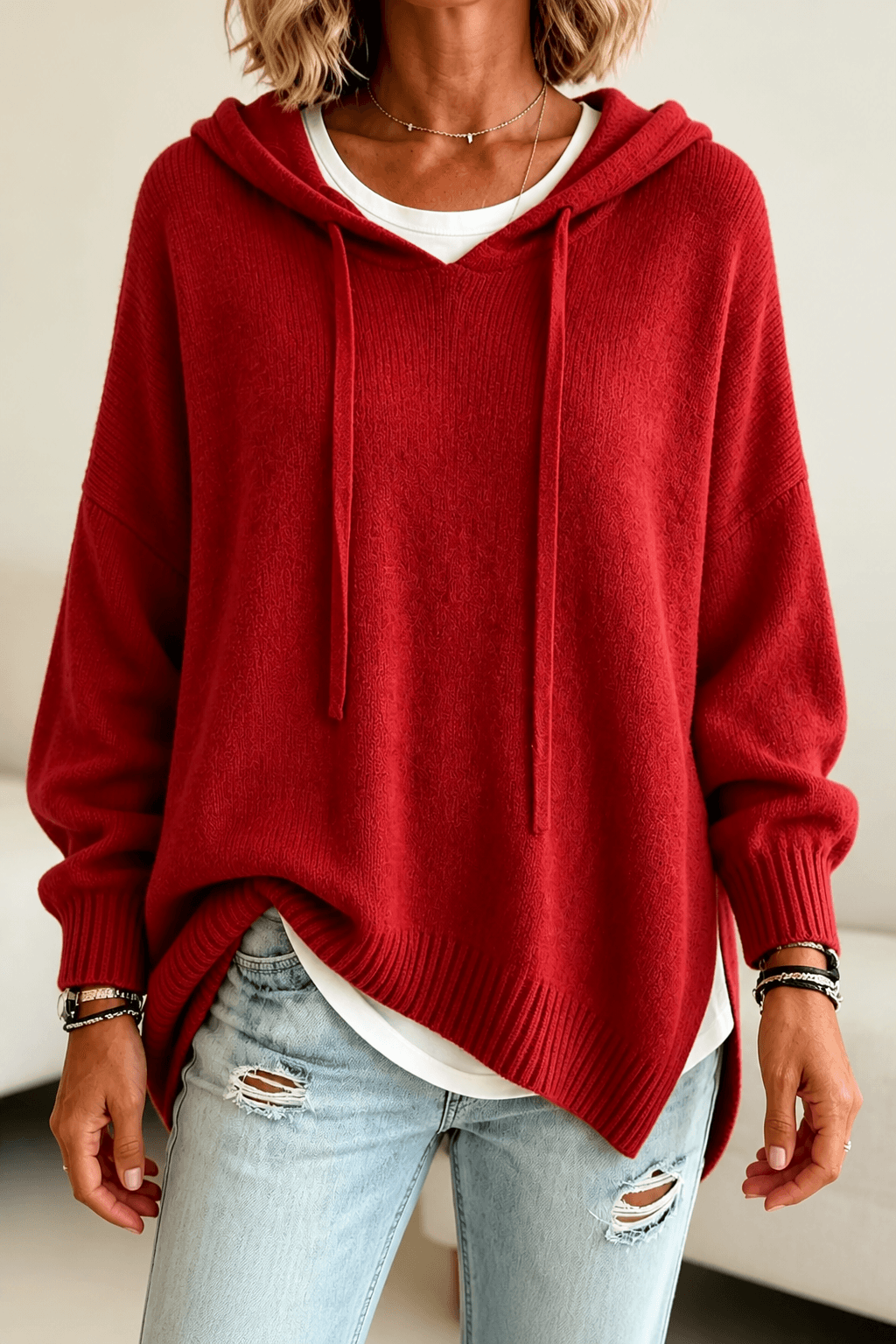Women's Oversized Hooded Acrylic Knitted Jumper with Drawstring
