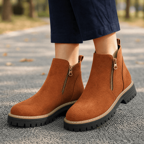 Women's Suede Chelsea Boots with Side Zip and Chunky Heel