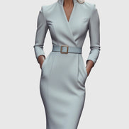 Long Sleeve Belted Bodycon Christmas Dress with Stand Collar