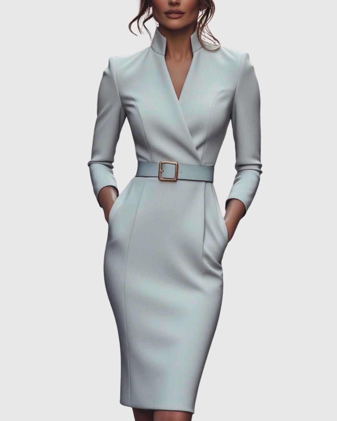 Long Sleeve Belted Bodycon Christmas Dress with Stand Collar