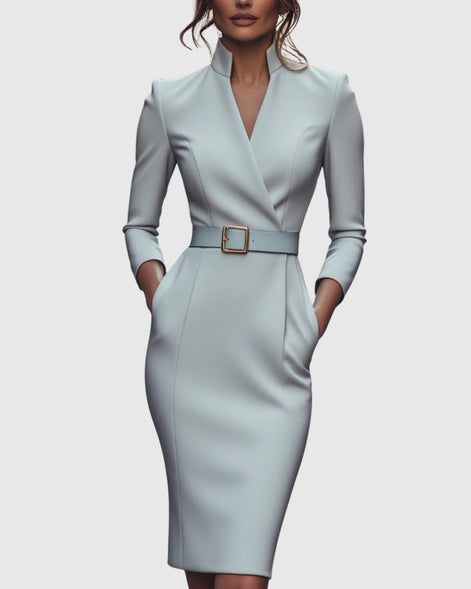 Long Sleeve Belted Bodycon Christmas Dress with Stand Collar