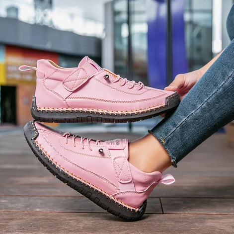 Women's Leather Comfort Shoes with Lace-Up Side Zip Closure
