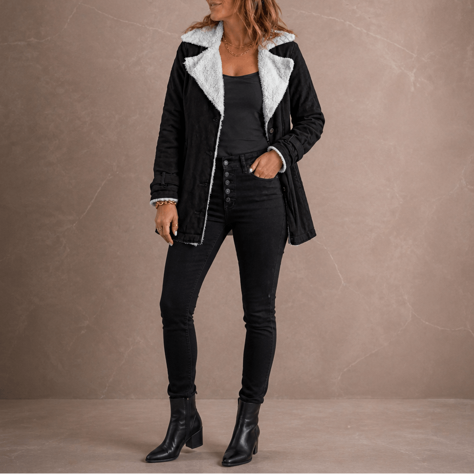 Sherpa-Lined Lapel Jacket with Suede-Finish Cotton Blend