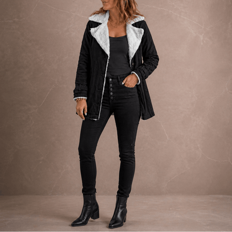 Sherpa-Lined Lapel Jacket with Suede-Finish Cotton Blend