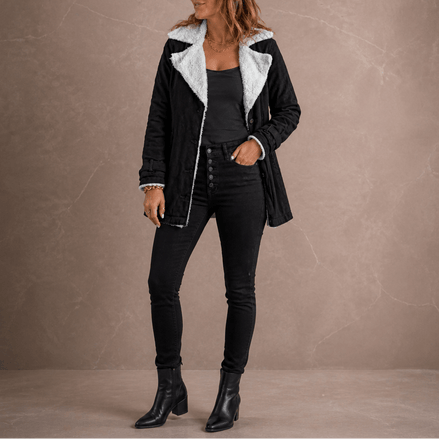 Sherpa-Lined Lapel Jacket with Suede-Finish Cotton Blend