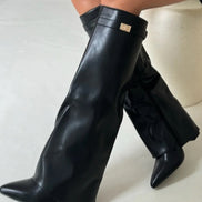 Fold-Over Pointed Toe Knee-High Suede Boots with Structured Fit for Women