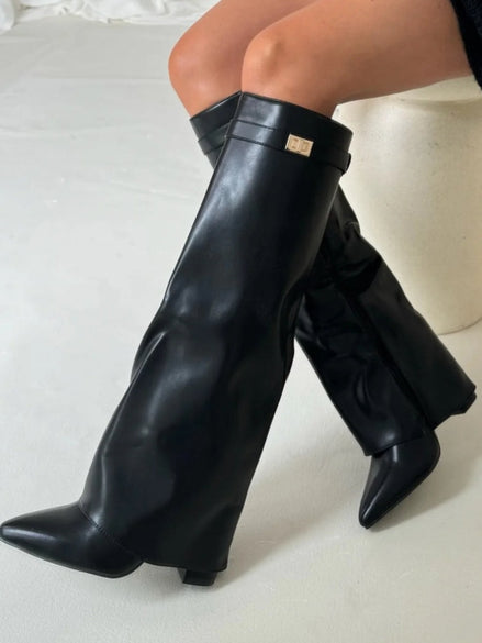 Fold-Over Pointed Toe Knee-High Suede Boots with Structured Fit for Women