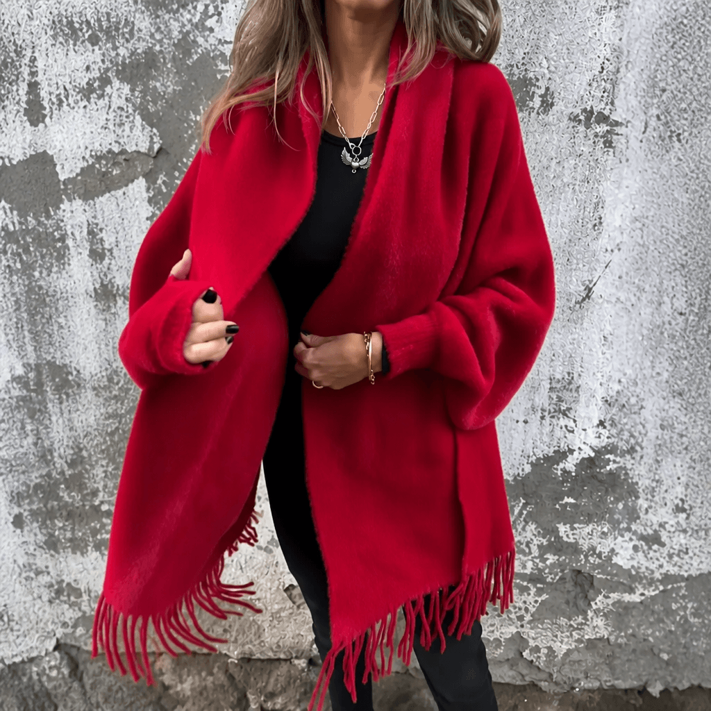 Women's Fringed Draped Shawl Collar Open-Front Wool Wrap Coat for Winter