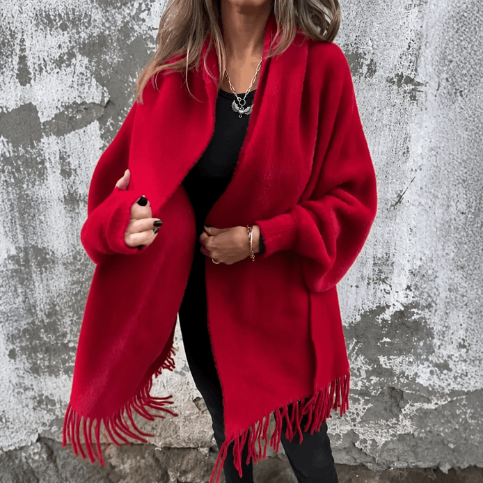 Women's Fringed Draped Shawl Collar Open-Front Wool Wrap Coat for Winter