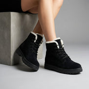 Women's Fur-Lined Suede Lace-Up Boots with Chunky Sole