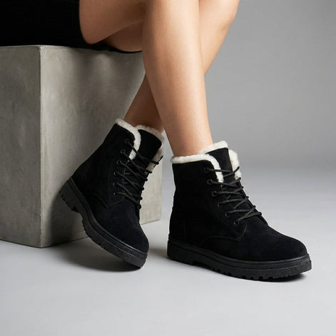 Women's Fur-Lined Suede Lace-Up Boots with Chunky Sole