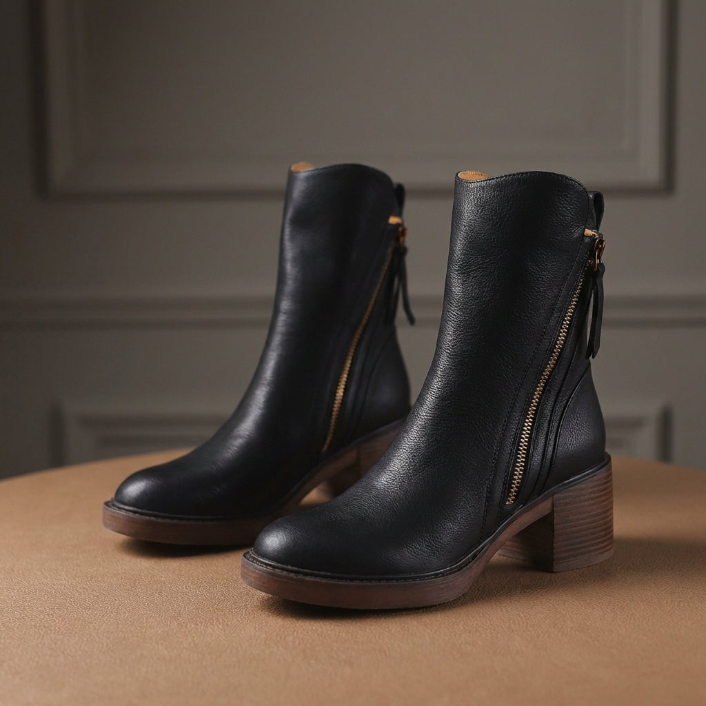 Bellora Zip-Detail Leather Ankle Boots for Women with Block Heel