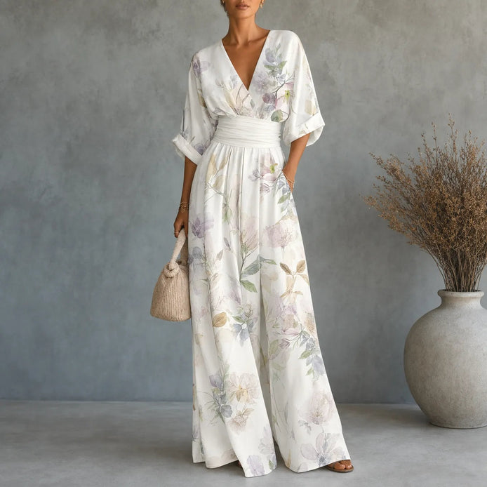 Floral Print Wide-Leg Jumpsuit with Tie Waist and Pockets