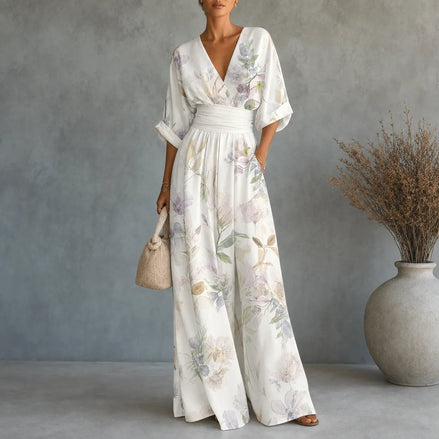 Floral Print Wide-Leg Jumpsuit with Tie Waist and Pockets