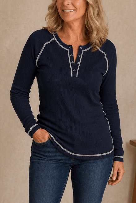 Women's Waffle Knit Henley Top with Button Placket