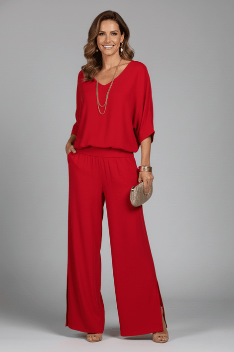 Natalie Chiffon Wide-Leg Women's Two-Piece Co-Ord Set with Draped Top