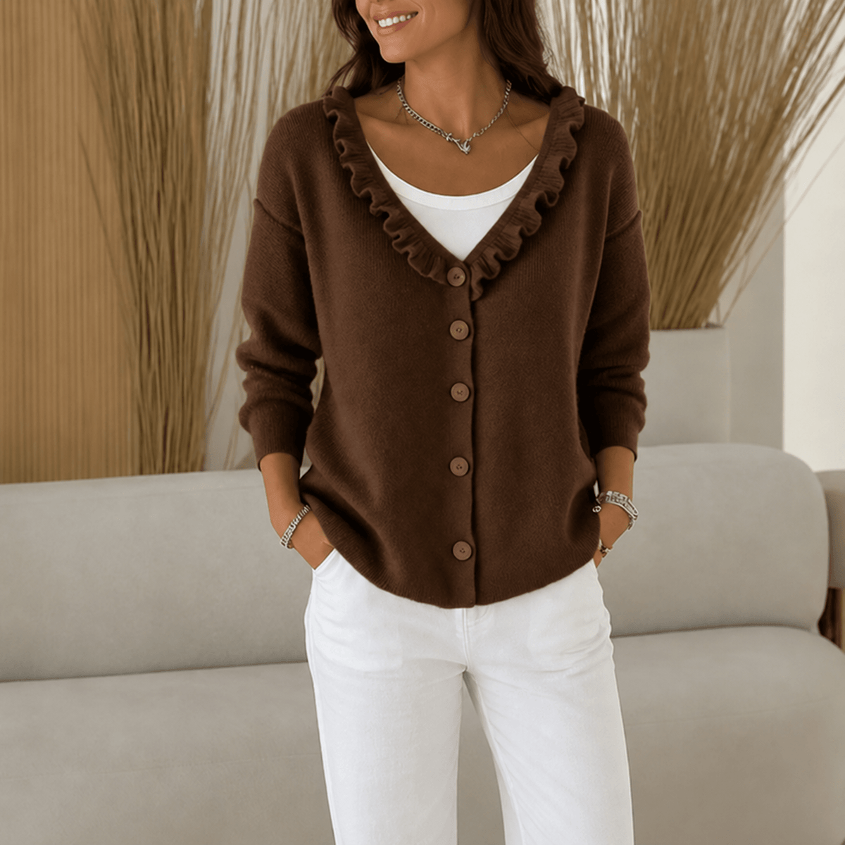 Women's Ruffle Collar Wool-Blend Knitted Cardigan with Button Front
