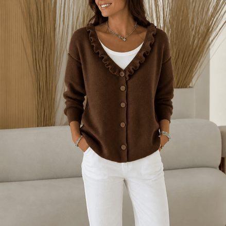 Women's Ruffle Collar Wool-Blend Knitted Cardigan with Button Front