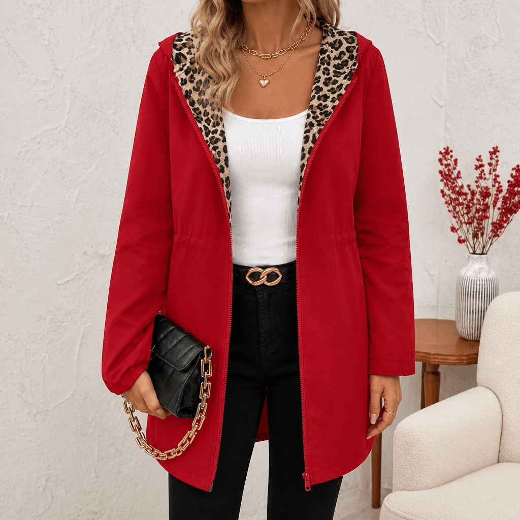 Women's Reversible Hooded Winter Coat with Leopard Print Lining