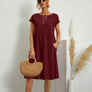 Casual Cotton Midi Shift Christmas Party Dress with Pockets for Autumn Wear
