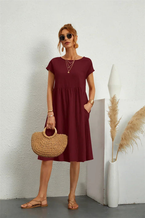 Casual Cotton Midi Shift Christmas Party Dress with Pockets for Autumn Wear