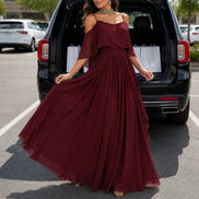 Cold Shoulder Chiffon Women's Midi Dress with Cascading Side Drape