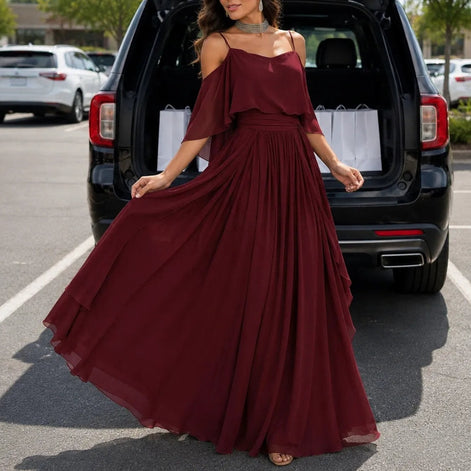 Cold Shoulder Chiffon Women's Midi Dress with Cascading Side Drape