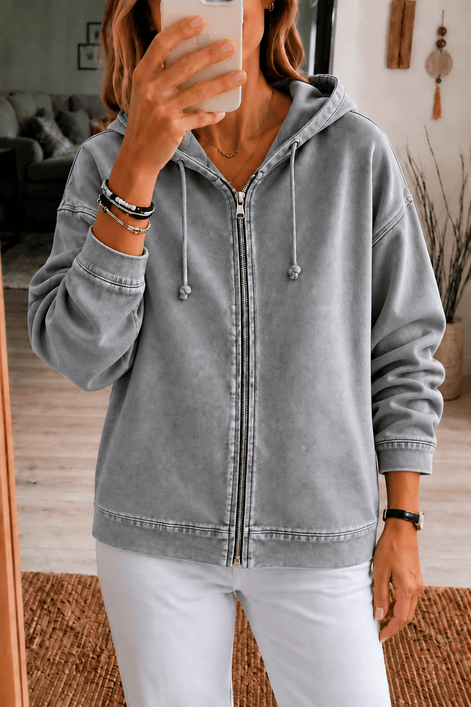 Women's Washed Oversized Zip-Up Hoodie with Lined Hood