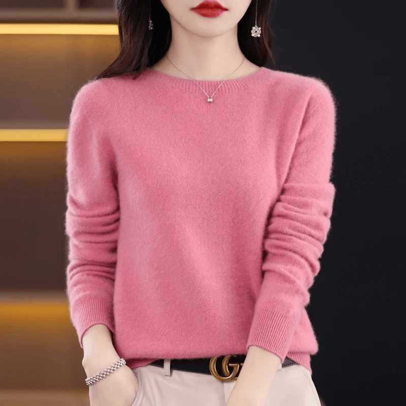 Crew Neck Cashmere Sweater with Ribbed Cuffs in Solid Pattern for Women