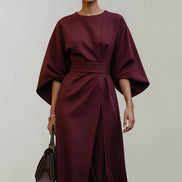 Belted Satin Midi Dress with Draped Skirt for Christmas Parties