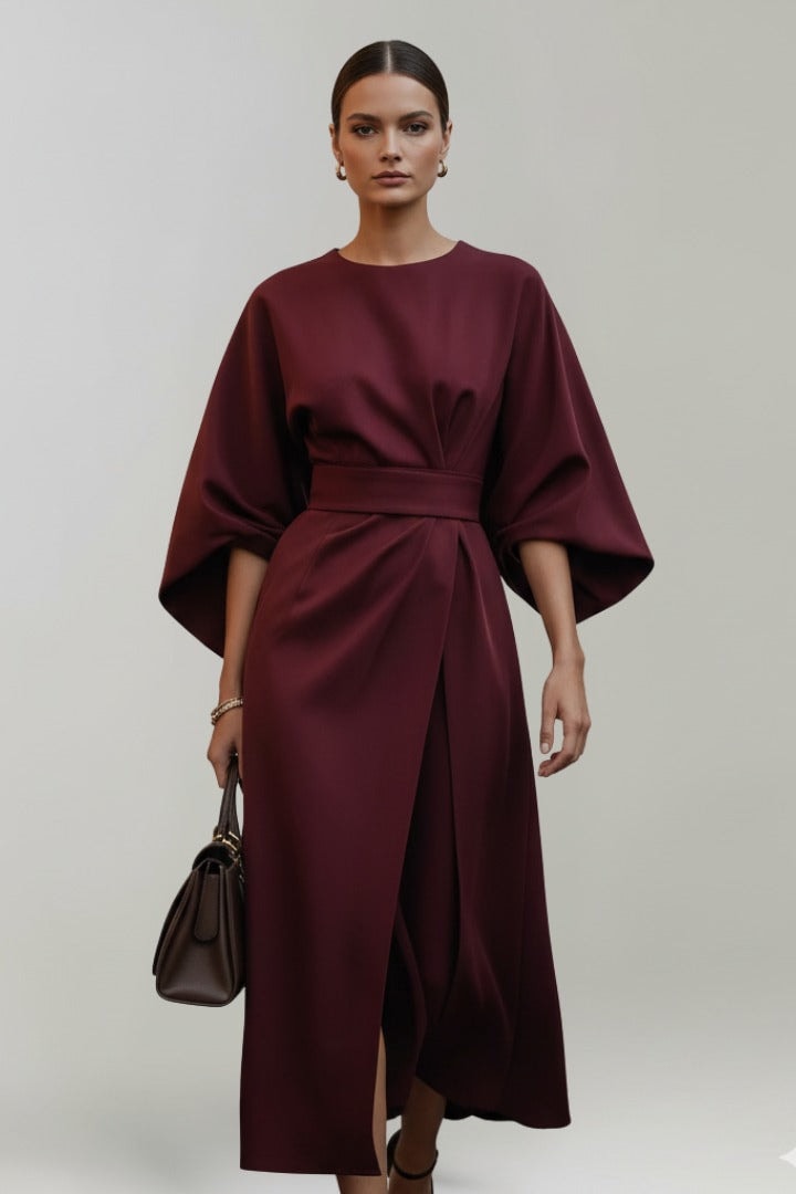 Belted Satin Midi Dress with Draped Skirt for Christmas Parties