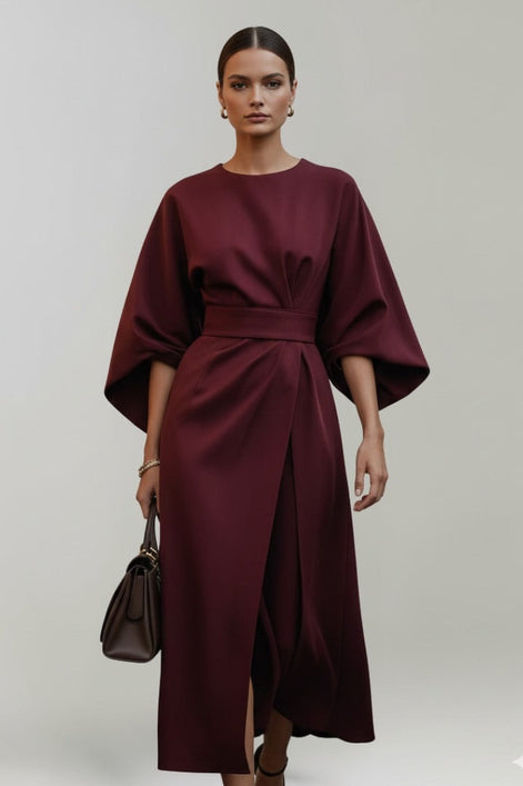 Belted Satin Midi Dress with Draped Skirt for Christmas Parties