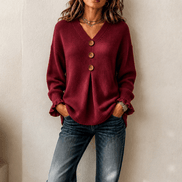 Women's Ribbed V-Neck Knitted Jumper with Button Detail