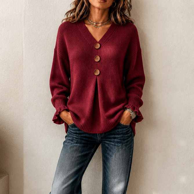 Women's Ribbed V-Neck Knitted Jumper with Button Detail