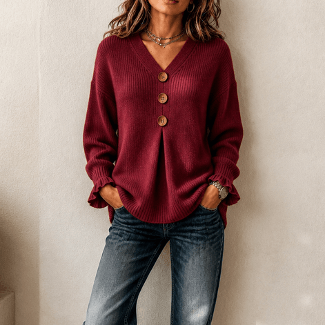 Women's Ribbed V-Neck Knitted Jumper with Button Detail