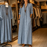 Striped V-Neck Maxi Dress with Pockets and Long Sleeves