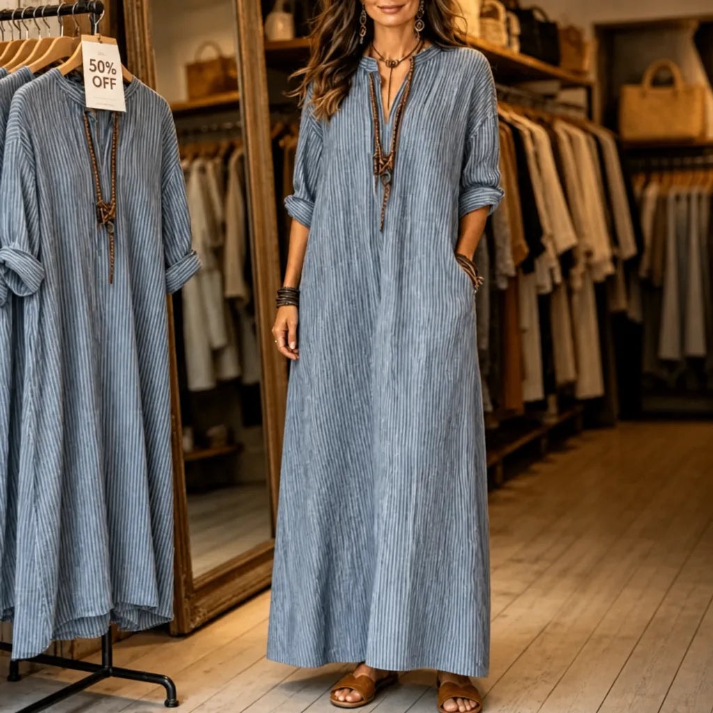 Striped V-Neck Maxi Dress with Pockets and Long Sleeves
